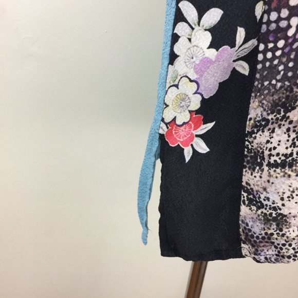 CITRON Textured Blue Multi-Color Patchwork Print 100% Silk Long Sleeve Shirt - Picture 8 of 10